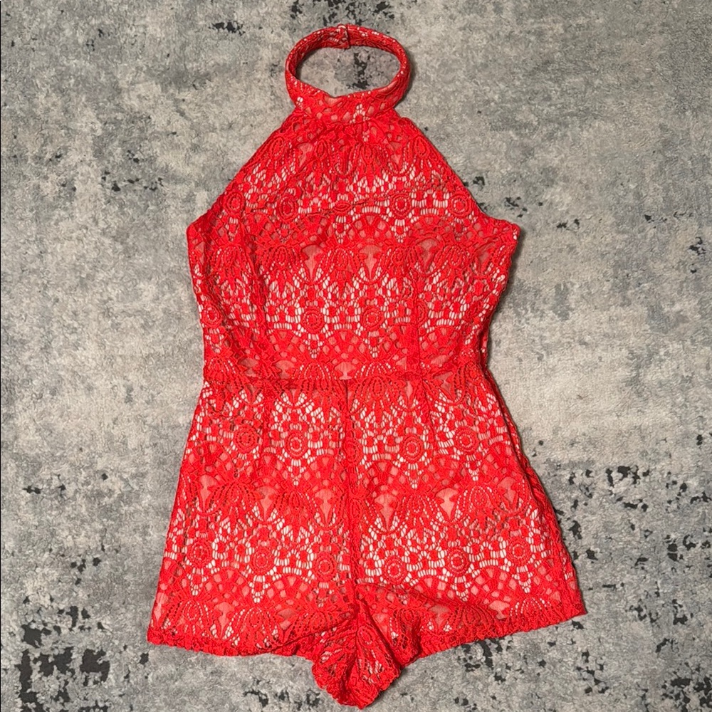 Charlotte Russe Red Lace Halter Jumpsuit